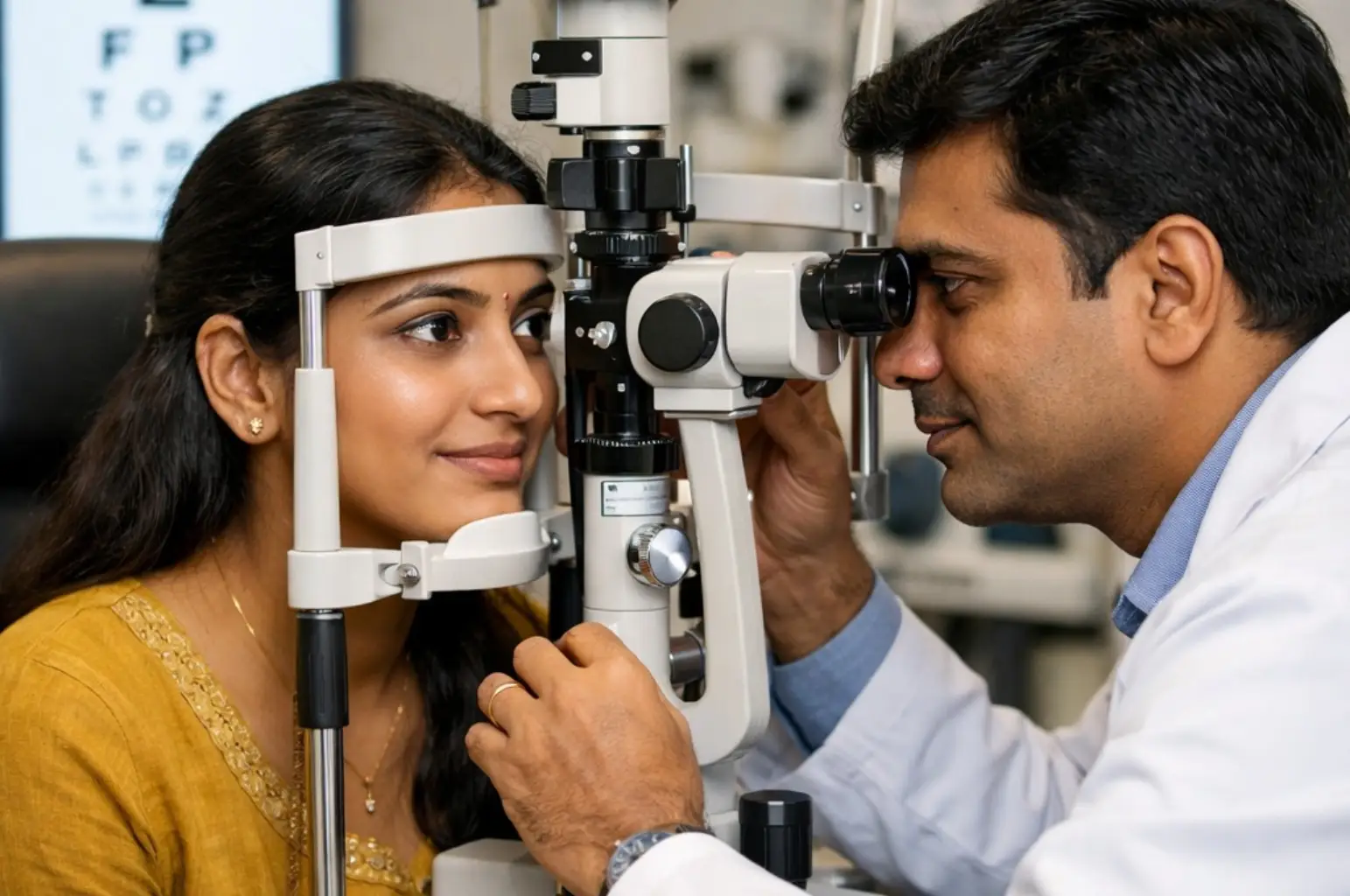 Modern Indian ophthalmologist examining patient